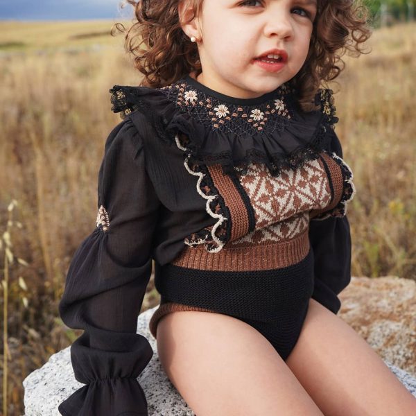 Camisa Cosette gasa negra mangas bordadas de nido de abeja