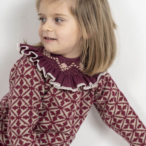 Jersey estampado geométrico color rosa vino y beige