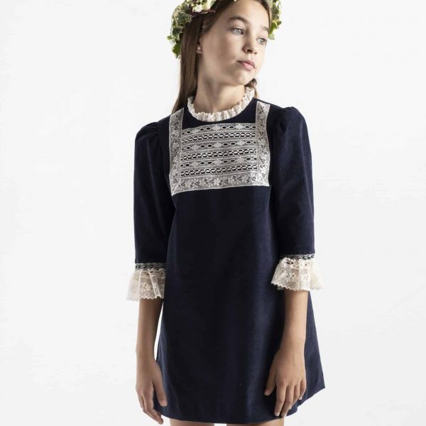 Vestido Chloe terciopelo azul encajes